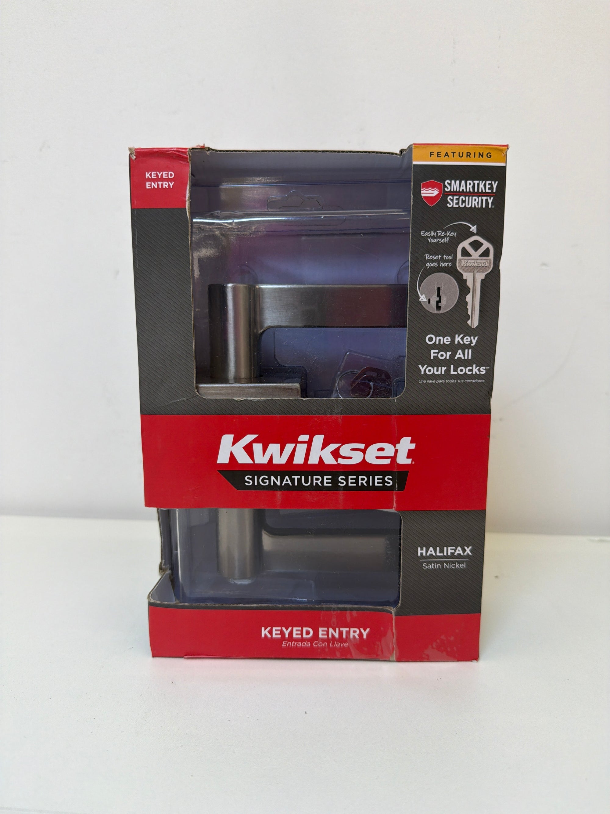 Kwikset Halifax Entry Door Handle with Lock and Key, Secure Keyed Reversible Lever Exterior, For Front Entrance and Bedrooms, Satin Nickel, Pick Resistant Smartkey Rekey Security and Microban