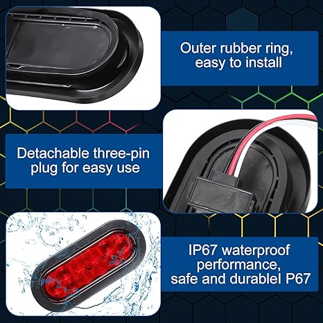 Yexiya 12 Pack Oval LED Trailer Light Kit - 10 LED Stop Reverse, Turn, Tail Lights with Wires and Grommet - IP67 Waterproof for Boat, RV, Trucks(Red)