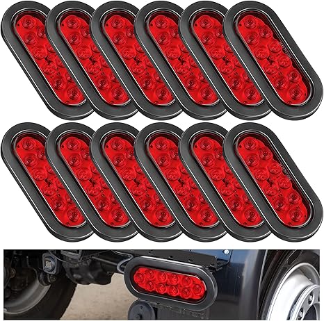 Yexiya 12 Pack Oval LED Trailer Light Kit - 10 LED Stop Reverse, Turn, Tail Lights with Wires and Grommet - IP67 Waterproof for Boat, RV, Trucks(Red)