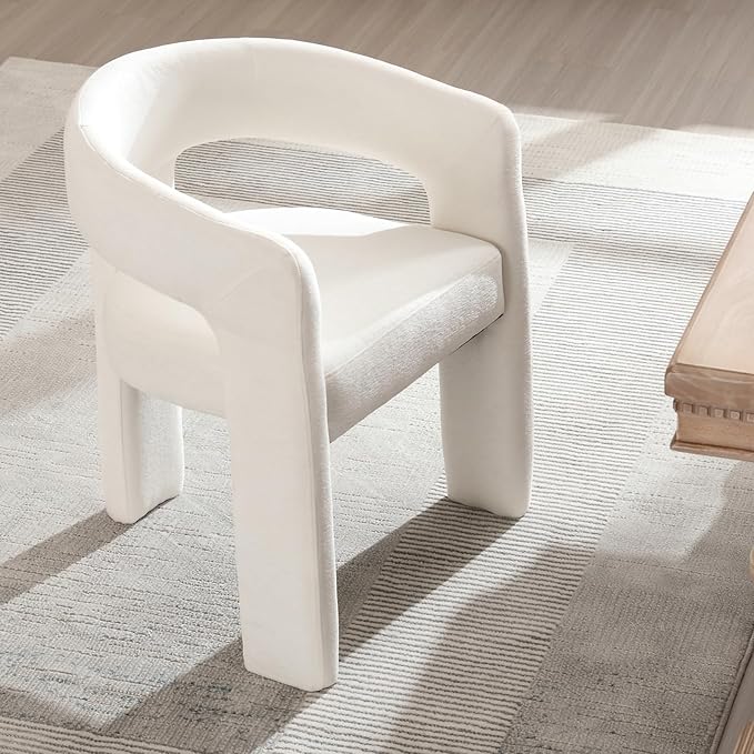 Guyou Modern Barrel Dining Chair, Cream Chenille Upholstered Armchair with Hollow Backrest Comfy Boucle Dining Room Chair for Living/Dining Room/Dressing Table