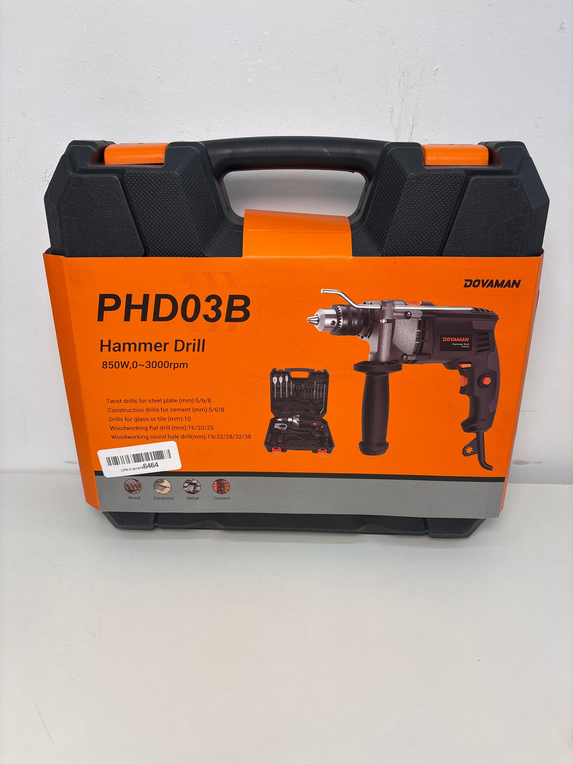 DOVAMAN PHD03B 7.5A Corded Hammer Drill, 1/2'' Impact Drill with Variable Speed 0–3000RPM, Metal Chuck, 2 Modes for Concrete, Wood, Metal – Includes Bits & Carrying Case