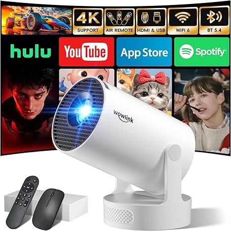 Mini Projector with WiFi 6 and Bluetooth 5.4 Support 4K 1080P Auto Keystone 180° Rotatable Projector Portable Compatibile with HDMI/TV Stick/Memory Stick/Laptop, White