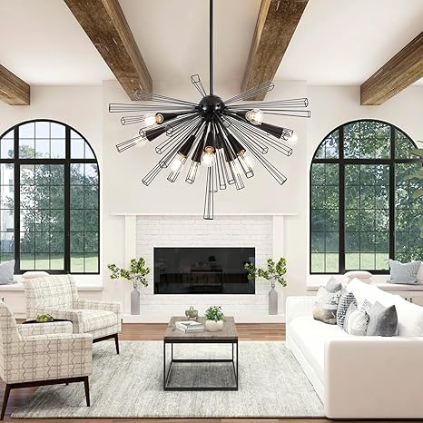 9MMML Black 10-Light Sputnik Chandelier, Farmhouse Pendant Light Fixture with 48'' Height Adjustable Hanging Pole, 34'' Large Chandelier for Living Room, Dining Room, Kitchen, Bedroom, E26 Base