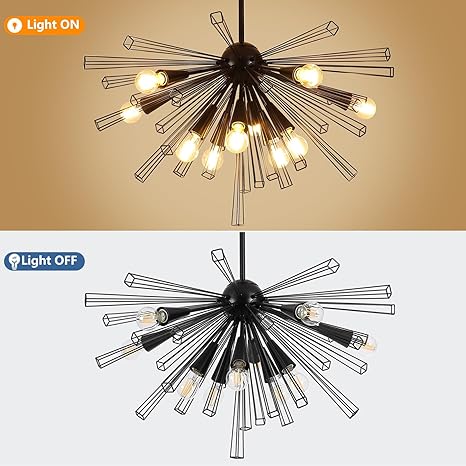 9MMML Black 10-Light Sputnik Chandelier, Farmhouse Pendant Light Fixture with 48'' Height Adjustable Hanging Pole, 34'' Large Chandelier for Living Room, Dining Room, Kitchen, Bedroom, E26 Base