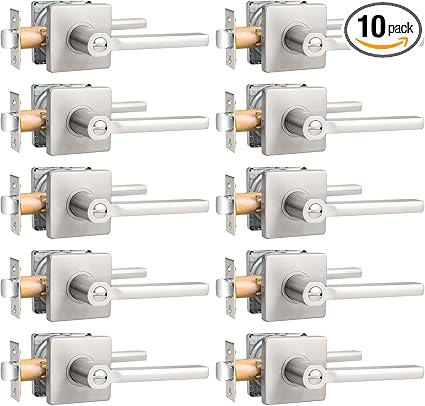 Probrico Privacy Door Handle Interior Heavy Duty Square Brushed Nickel Door Knobs for Bedroom Bathroom Reversible Keyless Door Lever Satin Nickel, 10 Pack