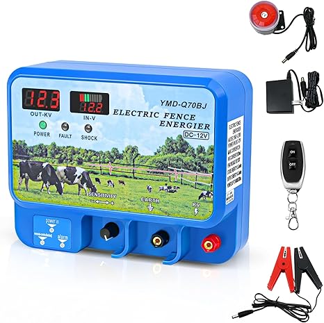 15.5J Electric Fence Charger, 15.5 Joules 600 Acres, AC DC 2 in 1 Powered Supply, Input 12V Output 12KV, with Display Remote and Alarm, Keep Out Predators, Contain Cattle Cow and Livestock