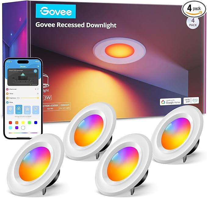 Govee Smart Retrofit Recessed Lighting 6 Inch, Wi-Fi Bluetooth Direct Connect RGBWW Retrofit Can Lights, 65 Scene Modes, Works with Alexa & Google Assistant, 1000 Lumens, 4 Pack