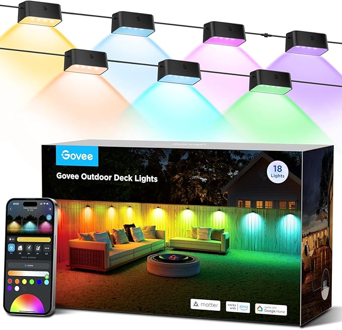 Govee Outdoor Deck Lights, Smart WiFi Outdoor Lights Work with Alexa, Google, Matter, App Control, IP65 Waterproof, Color Changing Fence Lights for Fence, Patio Decoration, Wired 18 Packs (112ft)