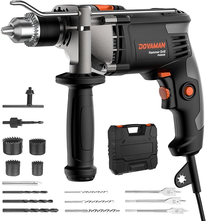 DOVAMAN PHD03B 7.5A Corded Hammer Drill, 1/2'' Impact Drill with Variable Speed 0–3000RPM, Metal Chuck, 2 Modes for Concrete, Wood, Metal – Includes Bits & Carrying Case