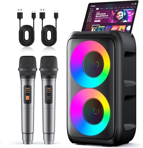 Karaoke Machine for Adults Kids, Portable Bluetooth Speaker with 2 Wireless Microphones, TWS Mode & LED Light, 10H Battery PA System Stage Monitors,Perfect for Home Party Outdoor Birthday Gifts(Black)