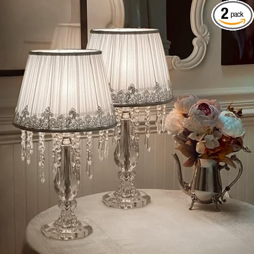 Moooni Modern Bedside Crystal Table Lamp with Ruched Fabric Lampshade Elegant Plug-in Crystal Chandelier Nightstand Lamp for Living Room Girls Room Set of 2 Lamp Dimmable W 12.8" X H 22.8"