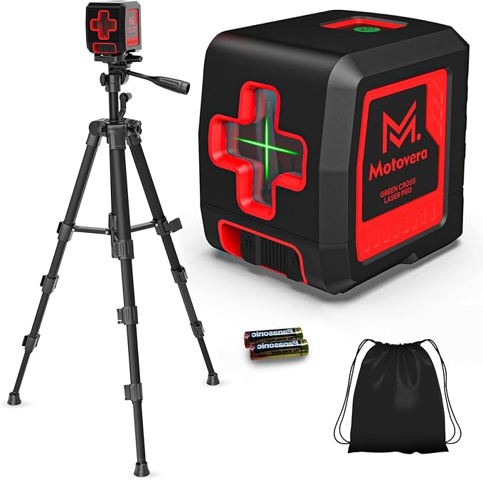 Laser Level, 100 feet Green Cross Line Self Rotary Leveling Laser Level, 4 Brightness Adjustment, Manual Self leveling and Pulse Mode,IP54 Waterproof Battery Carrying Bag with Tripod Included
