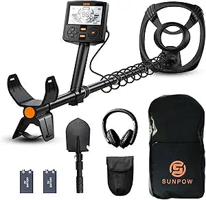 SUNPOW Metal Detector for Adults Professional - High Accuracy with 12" Waterproof Coil, 2x Backlit LCD Display, Advanced DSP Chip, 5 Modes, Adjustable Length (19"-59"), Sturdy Spiral Structure -OTMD14