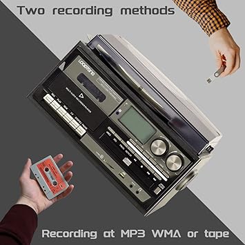 LoopTone Vinyl Record Player 10 in 1 3 Speed Bluetooth Vintage Turntable CD Cassette Player AM/FM Radio USB Recorder Aux-in RCA Line-Out (Black-Grey)