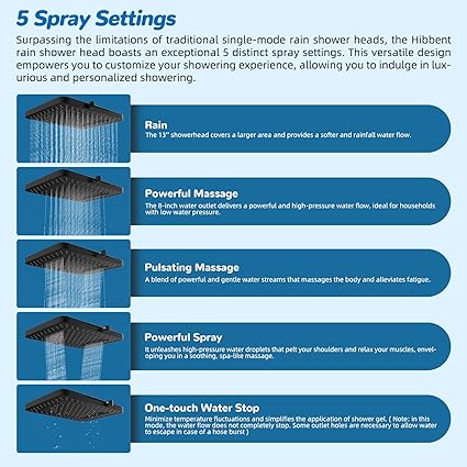 Hibbent cUPC Certified 13'' Shower Head Combo, High Pressure 5 Spray Rainfall Showerhead, 10 Spray Mode Handheld, All Metal Easy Reach 4-way Diverter Arm with Pause Mode, 71'' Hose and Holder, Black